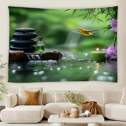 YSSFAV Japanese Garden Tapestry Zen Stone Bird Asian Spa Candle Green Meditation Wall Hanging Bedroom Living Room Dorm Decor,90" W x 60" H - size: 90"W X 60"H