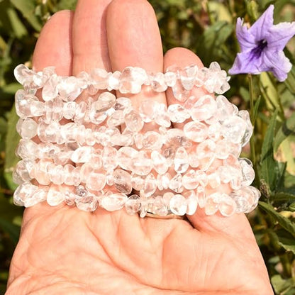 Zenergy Gems Charged Premium Natural Crystal Chip Bead Bracelet + Moroccan Selenite Charging Crystal [Included] - color: Amplifier Quartz (Clear - Top Grade)