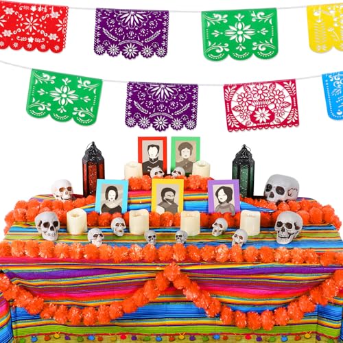 23 Pcs Day of The Dead Altar Decorations Set, Marigold Garland Mexican Banner Table Runner Paper LED Light Supplies Dia De Los Muertos Ofrendas Altar Decorations