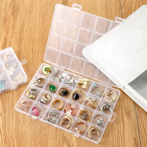 1 Pack 24 Grids Clear Plastic Jewelry Organizer Boxes, Tackle Box Compartment Organizer with Adjustable Dividers for Jewelry, Art Craft, Bead Storage Containers