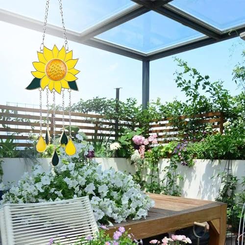 Sunflower Wind Chimes Ornaments, Stained Glass Dripping Sunflower Pendant Window Hanging Panel Decoration with Chain, Flower Wind Chimes Art Decorations for Garden Patio Decor