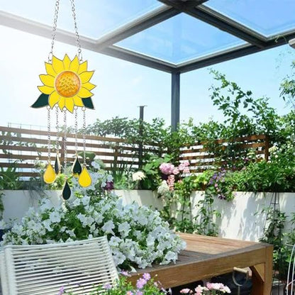 Sunflower Wind Chimes Ornaments, Stained Glass Dripping Sunflower Pendant Window Hanging Panel Decoration with Chain, Flower Wind Chimes Art Decorations for Garden Patio Decor