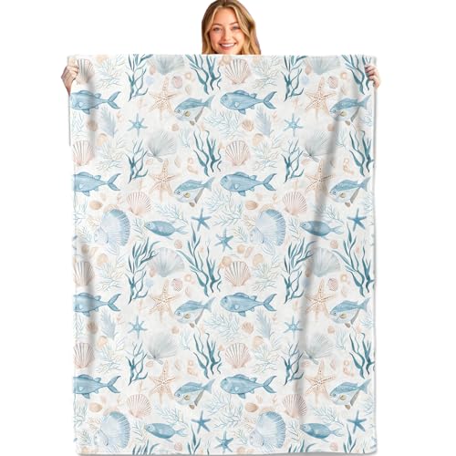 Ocean Sea Life Throw Blanket, 40x50in, Soft, Lightweight Flannel,Blue Fish, Starfish, Shells and Coral on White Blankets, Gifts for Beach Lovers, for Summer Coastal Home Living Room Decor - color: Ocean, size: 40x50in