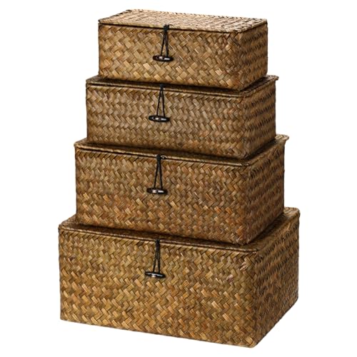 Woanger Set of 4 Wicker Storage Baskets Organizer，Handwoven Storage Bins with Lid for Organizing, Home Utility Box for Home Office Supplies Multipurpose Container(Retro Color) - color: Retro Color