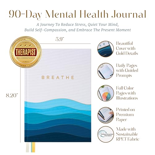90-Day Guided Mental Health Journal with Daily Prompts for Anxiety, Stress Relief & Self Care – Mindfulness, Healing & Emotional Wellness – Cover Made from Recycled Ocean Plastic - color: Blue, White