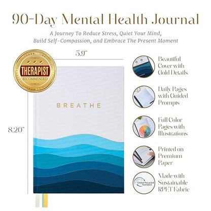 90-Day Guided Mental Health Journal with Daily Prompts for Anxiety, Stress Relief & Self Care – Mindfulness, Healing & Emotional Wellness – Cover Made from Recycled Ocean Plastic - color: Blue, White