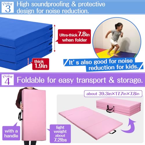 KaRaDaStyle Gymnastics Mat Folding Stretch Mats 71"x39"x2" Exercise Muscle Training Children Play Horizontal Bar Mat Yoga Sports Soundproof Home Use - color: Pink/4-fold
