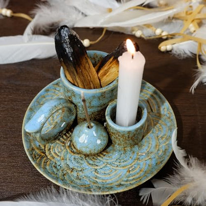 MOUGIGI 5-in-1 Ceramic Palo Santo Burner Holder Blue -Small Candle Holder & Smudge Burning Tray Bowl,Fits Incense Sticks/Cones, Sage.Zen Altar for Meditation Room, Aromatic Scents, Matches Compatible - color: Multifunctional Palo Plate-blue