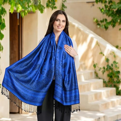 Ciormis Two Tone Silky Paisley Pashmina Shawl Scarf,Soft Women's Rave Jacquard Pashminas Wrap Scarves - color: P#. Royal Blue Paisley