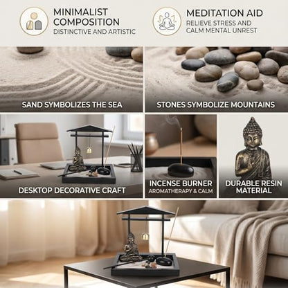 HEEPDD Desktop Zen Garden Kit with Buddha Statue, Incense Holder, Mallet, Rocks for Meditation, Yoga, Office Decor