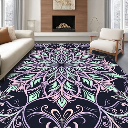 Design&I Low Pile Flatwoven Area Rug 6x9, Classic Starburst Motif with Repeating Interlocking Floral, Machine Washable, Stain Resistant Indoor Rug for Living Room, Bedroom, Non Slip(Black, 6x9) - color: Black/Pattern 17, size: 6' x 9' (Rectangular)