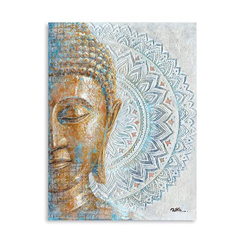 Gold Buddha Canvas Wall Art: 3D Textured Mandala Flower Blossom Buddha Painting Zen Print Picture on Blue for Yoga Meditation Room Bedroom Framed and Ready to Hang 12"x16" - color: Buddha with Mandala, size: 12"x16"x1