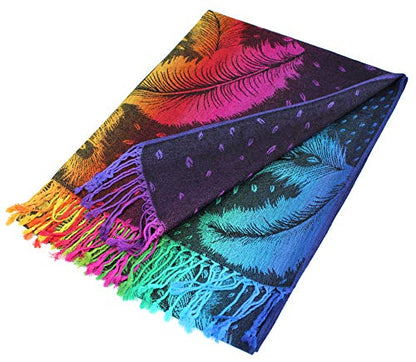 PASKMLNA Double Side Multi Colors Silky Tropical Colorful Exotic Pashmina Wrap Shawl Scarf Rave - color: 050-navy Multi Feathers