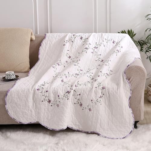 vctops 100% Cotton Quilted Throw Blanket 50x60 Inch Floral Embroidered Reversible Patchwork All Season Throw (Purple,50"x60") - color: Purple