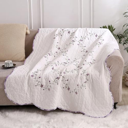 vctops 100% Cotton Quilted Throw Blanket 50x60 Inch Floral Embroidered Reversible Patchwork All Season Throw (Purple,50"x60") - color: Purple