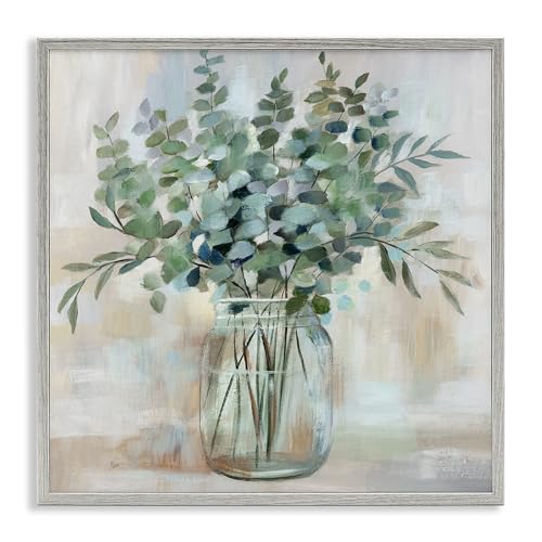 Stupell Industries Soothing Eucalyptus Flower Herb Arrangement Rustic Jar Framed Wall Art, Design by Nan - color: Farmhouse Gray (Textured), size: 24"L x 24"W, style: Framed Giclée (1.5"D)