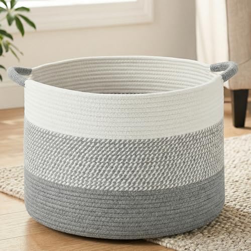 Artfeel 100L Large Cotton Rope Basket, Decorative Woven Blanket Storage for Living Room, Boho Toy Storage & Toy Box for Kids, Versatile Laundry Basket & Nursery Hamper for Blankets(Grey) - color: Grey, size: 100l
