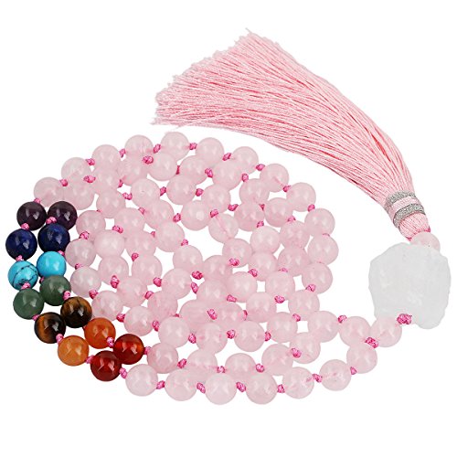 SUNYIK 7 Chakra Stone Buddhist Bracelet,Paryer Beads Necklace Strand for Meditation,Rose Quartz
