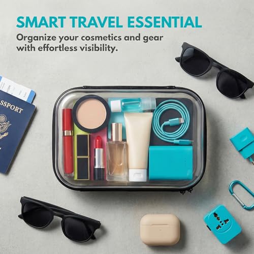 Clear Hard Shell Travel Case with Zipper, Portable Plastic Organizing Pouch, Black Trim, Transparent Storage Container (Grey) - color: Grey