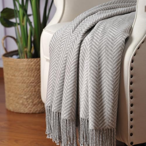 CUDDLE DREAMS Silk Throw Blanket with Hand-Knotted Fringe, Natural, Soft & Breathable (Herringbone Gray) - color: Herringbone Gray