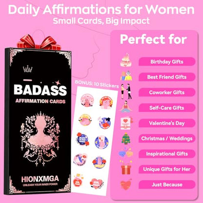 HIONXMGA Badass Affirmation Cards for Women, 60 Double Sided Inspirational and Motivational Cards, 118 Unique Positive Quotes for Daily Self Care, Empowering Gifts for Women, Friends & Coworkers