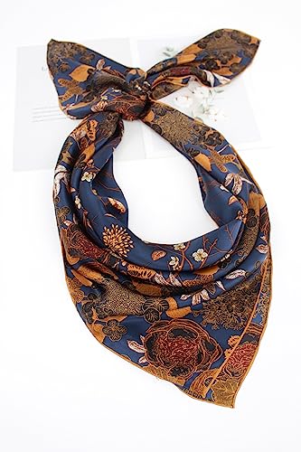 ANDANTINO 100% Silk Scarf 43" Large Square Lightweight Headscarf& Shawl–Women Hair Wraps-With Gift Packed - color: Blue-flower&birds