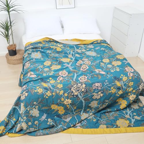 Snycler Boho Throw Blanket for Bed - 100% Cotton Ultra Soft Rustic Quilt Blanket Green Bird Floral Printed Farmhouse Decor Bed Blankets, 60"×80" All Season Rustic Throw for Sofa Couch Chair - color: Green Bird Floral, size: 60"x80"