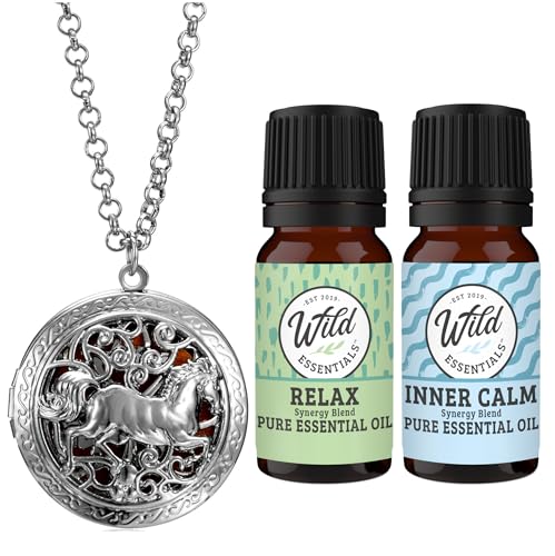 Wild Essentials Wild Horse Essential Oil Diffuser Necklace Gift Set with Inner Calm & Relax Oils – Nickel Free Alloy Pendant with 12 Color Pads – USA Made Oils & Perfume Necklace – Family Company - color: Silver Horse, size: 2 Oils