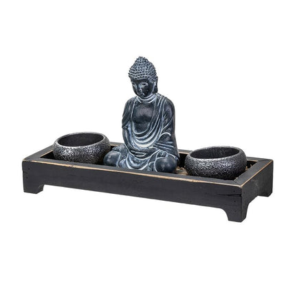 Pacific Giftware Meditation Zen Garden Set with Black Buddha Figurine Two Tea Light Holders Rock Decorative Wood Display Tray Perfect for Table Decor Meditation Yoga 8" x 6"