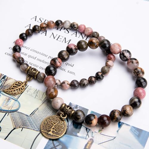 Bivei Natural Semi Precious Gemstone beads bracelet for women - Life Tree and Leaf Charm Energy Reiki Crystal Stretch Bracelets - color: Rhodonite Bracelet Set, size: Large:7.87-8.26inch