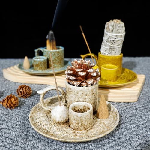 MOUGIGI 5-in-1 Ceramic Palo Santo Burner Holder Blue -Small Candle Holder & Smudge Burning Tray Bowl,Fits Incense Sticks/Cones, Sage.Zen Altar for Meditation Room, Aromatic Scents, Matches Compatible - color: Multifunctional Palo Plate-blue