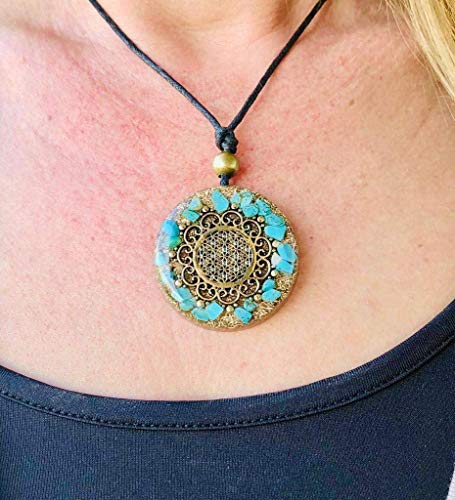 Orgone Necklace, Protection, Symbol Flower of Life, Sacred Geometry, Stone Turquoise, Gems Rose Quartz- SBB Coil, Reiki, Yoga, Healing Crystals, Orgonite Pendant Handmade, Arte Orgones