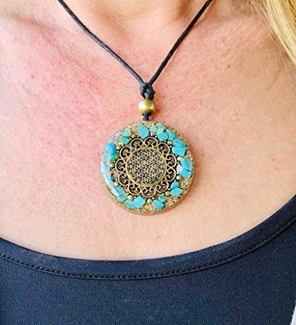 Orgone Necklace, Protection, Symbol Flower of Life, Sacred Geometry, Stone Turquoise, Gems Rose Quartz- SBB Coil, Reiki, Yoga, Healing Crystals, Orgonite Pendant Handmade, Arte Orgones