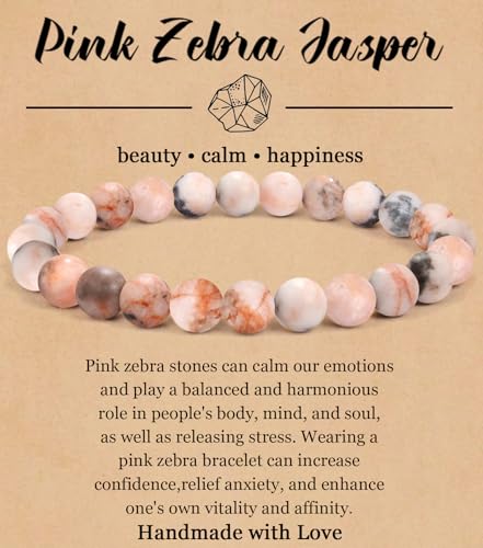 BOMAIL Natural Stone Bracelet for Women Men - 8MM Semi-Precious Gemstone Beaded Bracelet Healing Crystal Stretch Bracelet Yoga Bracelets Jewelry - color: Pink Zebra Stone