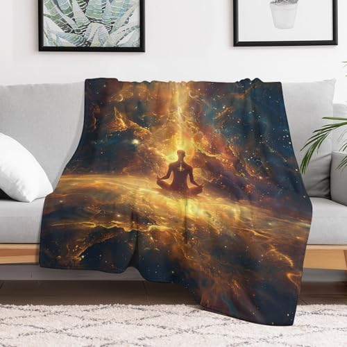 Mystical Person Meditating Flannel Throw Blanket, Soft Lightweight Cozy Warm Star Orange Glow Outer Space Blankets for Couch Bed Travel- 30"x40" - color: Mystical Person Meditating, size: 30"x40"