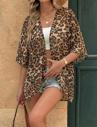 Chunoy Women Floral Beach Wear Cover Up Chiffon Kimono Cardigan Open Front Blouse Top - color: Brown Leopard, size: XX-Large