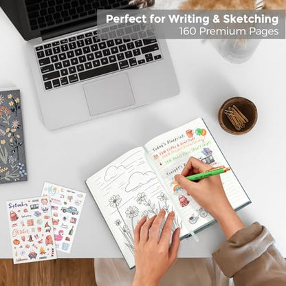 Journal for Women, Embroidered Linen Hardcover Notebook, A5 Journals for Writing & Sketching, Half Blank & Half Lined Journal, Aesthetic Writing Journal with Pen & 200+Stickers, Gift Set for Women - color: Stone Gray