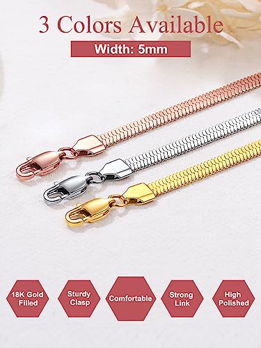 FOCALOOK 14K Gold Plated Necklaces for Women, Fashion Herringbone Choker Necklace Stainless Steel Flat Snake Chain 3/5MM(W) 12.5"/15"/18"+3.5"(L) - color: 5MM-Rose Gold-12.5"