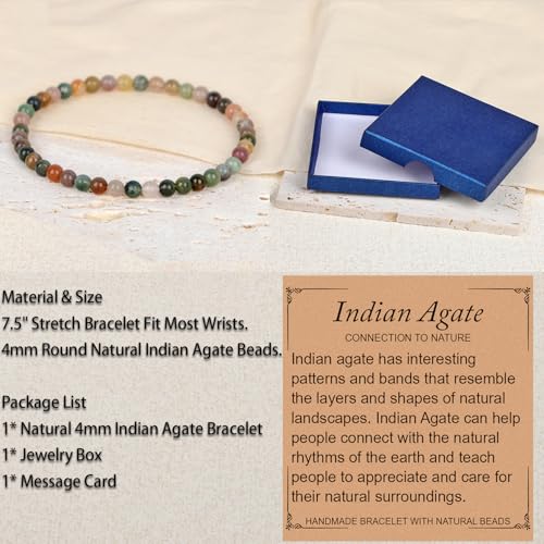 LPBeads Handmade Natural Gemstone Stretch Elastic Bracelet Healing Crystal Round Stone Beads Jewelry Gifts for Women Men - color: Indian Agate, size: 4mm