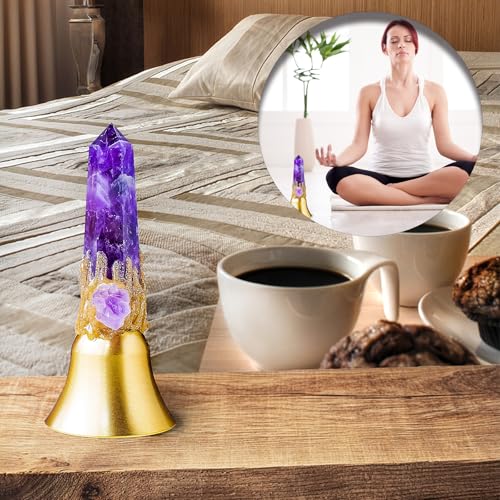 Super Loud Solid Brass Handbells Altar Bells Natural Amethyst Tower Bell Chimes Witch's Bells Hand Percussion Instruments Call Bells for Meditation Prayer Reception Pet Feeding and Home Decoration