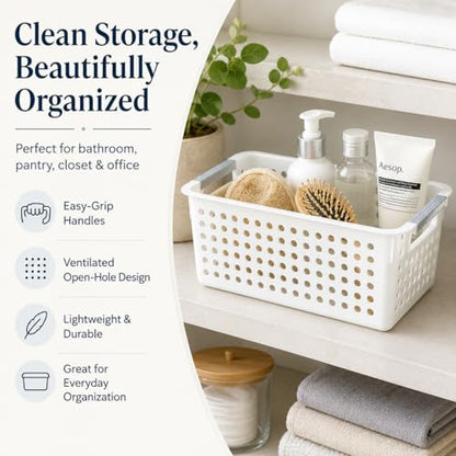 Basicwise Set of 6 Plastic Storage Baskets, 12" x 5" x 5" Ivory Organizer Bins with Handles, Perforated Small Storage Containers for Pantry, Bathroom, Laundry, Closet, Office, Toys, Shelves, Home - size: Set of 6