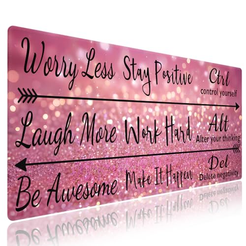 Extra Large Gaming & Office Mouse Pad (31.5" x 11.8") – Inspirational Quote Stay Positive Work Hard & Pink Glitter Design, Premium Anti-Slip XXL Desk Mat with Durable Stitched Edges - color: Inspirational Pink Glitter