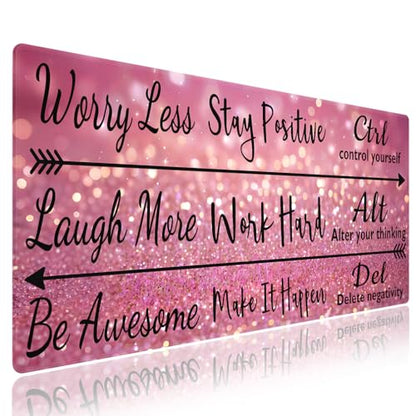 Extra Large Gaming & Office Mouse Pad (31.5" x 11.8") – Inspirational Quote Stay Positive Work Hard & Pink Glitter Design, Premium Anti-Slip XXL Desk Mat with Durable Stitched Edges - color: Inspirational Pink Glitter