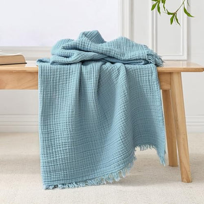 Esterra Muslin Throw Blanket 50x65 Inches Cozy Soft Lightweight Pre-Washed Cotton Blanket, All Season Breathable 4-Layer Gauze Blanket Throw for Sofa Couch Bed, Sky Blue - color: 09 - Sky Blue, size: Throw (50"x65")