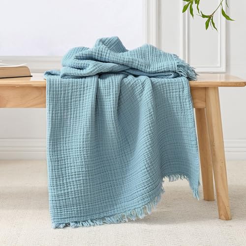 Esterra Muslin Throw Blanket 50x65 Inches Cozy Soft Lightweight Pre-Washed Cotton Blanket, All Season Breathable 4-Layer Gauze Blanket Throw for Sofa Couch Bed, Sky Blue - color: 09 - Sky Blue, size: Throw (50"x65")