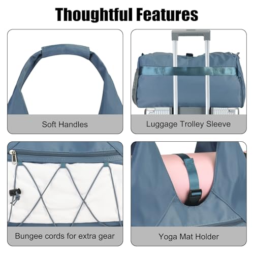 Gym Bag For Women With Yoga Mat Holder & Shoe Compartment & Wet Dry Storage Pocket & Adjustable Strap - color: Blue