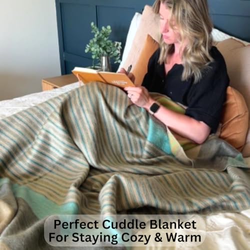 Alpaca Wool Throw Blanket | Super Soft, Lightweight, Breathable and Hypoallergenic | Non-Itchy or Scratchy (Green Gray Varicolored, Striped)