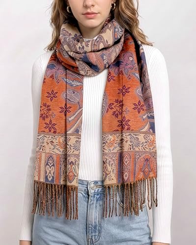 Achillea Elegant Paisley Floral Pashmina Shawl and Wrap – Boho Rave Scarf for Festival, Travel & Everyday Wear - color: Navy Rust