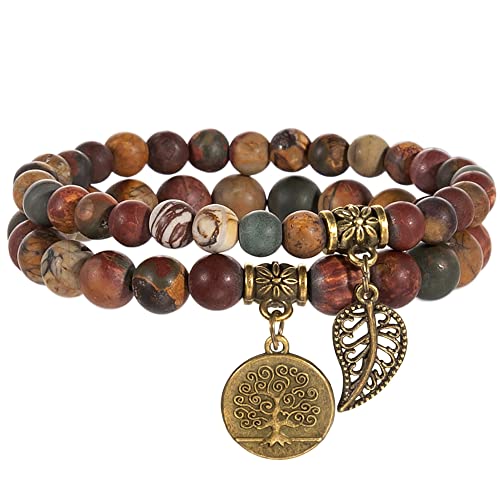 Bivei Natural Semi Precious Gemstone beads bracelet for women - Life Tree and Leaf Charm Energy Reiki Crystal Stretch Bracelets - color: Picasso Jasper Bracelet Set, size: Medium:6.8-7.24inch