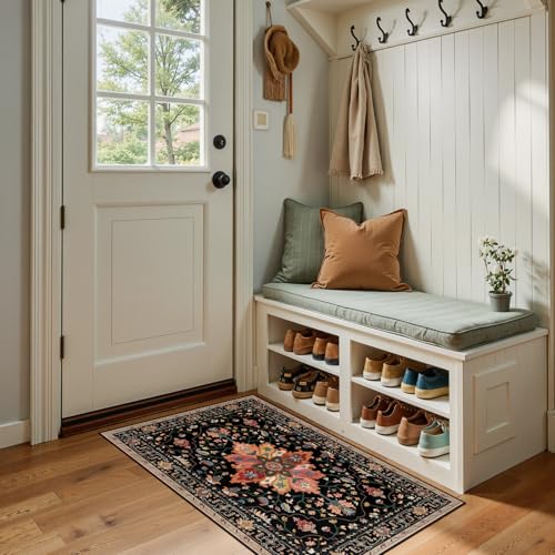 RELEANY Area Rugs Small 2'x4' Washable Non-Slip, Floral Vintage Distress Medallion Carpet for Kitchen Entryway Bathroom, Black Colorful Floral Dark Tan - color: Black/Colorful, size: 2' X 4' (Runner)